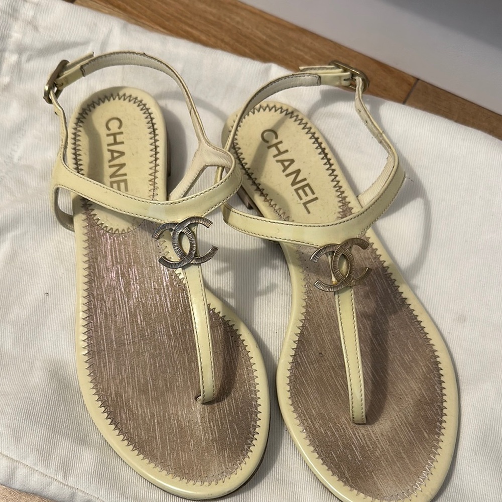 Chanel Cream and Gold T-Strap Sandals